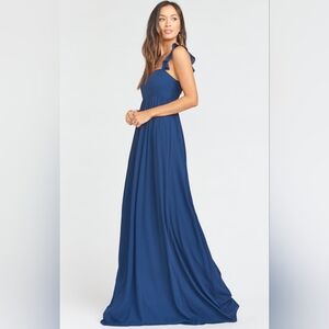 Show Me Your Mumu NWT June Maxi Dress Rich Navy Crisp Smocked Back Ruffle Large